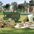 Camping Camp With Green Food Truck Tent And Picnic Area On Grassland