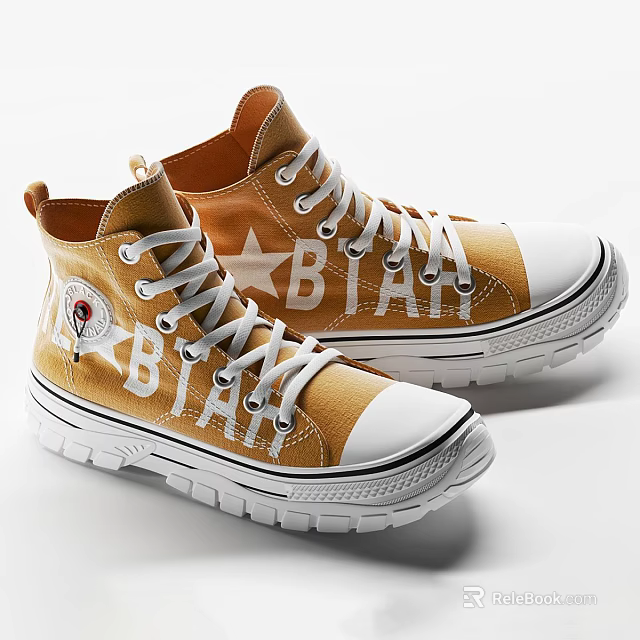 Yellow High Top Canvas Shoes Featuring White BSTAR Letters Star Design Laces And Sole 3d model