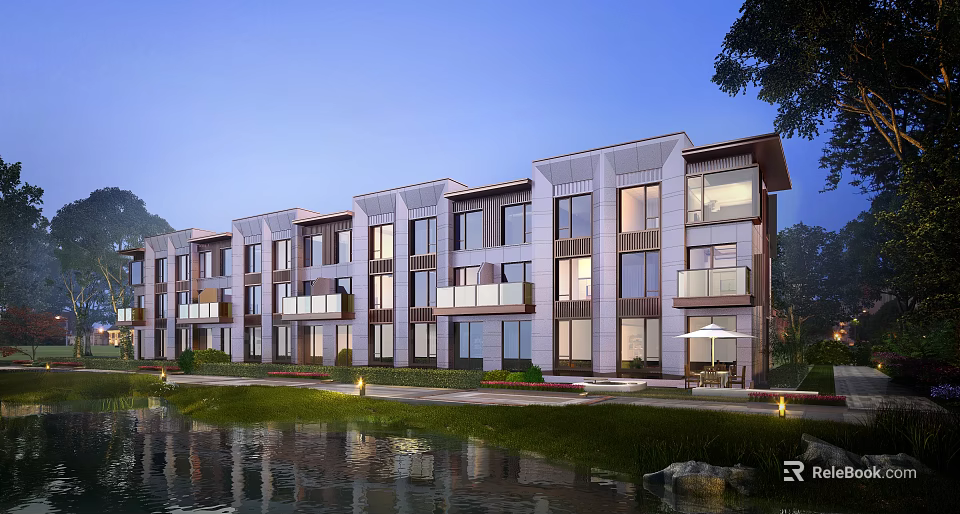 Modern Contemporary Townhouse Row Exterior With Balconies Glass Windows And Waterfront Landscaping 3d model 