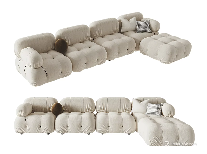 Modern Beige Tufted Sectional Sofa with Ottoman and Plaid Decorative Pillows 3d model