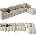 Modern Beige Tufted Sectional Sofa with Ottoman and Plaid Decorative Pillows 3d model