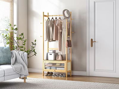 Wooden Coat Rack With Clothes Hat And Storage In Minimalist Living Room 3d model