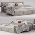 Modern Double Bed With Light Gray Frame White Pillows Gray Blanket And Round Side Table