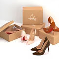 Stylish High Heels In Various Colors With Open And Closed Brown Shoe Boxes