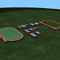 Football Field With Green Grass Surrounded By Red Tracks And Adjacent Blue Red Rectangular Areas 3d model