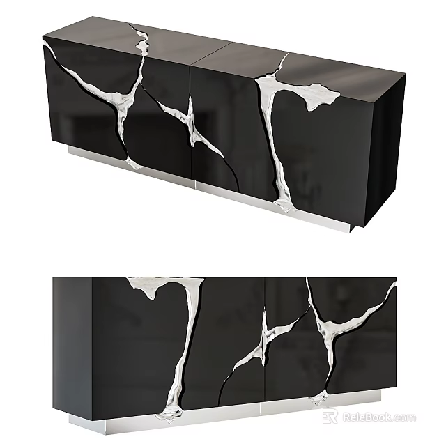 Modern Black TV Stand With Sleek Surface And Cracked White Pattern Design 3d model