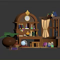 Magical Workbench Scene With Wooden Shelves Bottles Candles And Magic Items