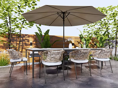 Outdoor Wicker Table And Chair Set With Large Umbrella And Green Plants 3d model