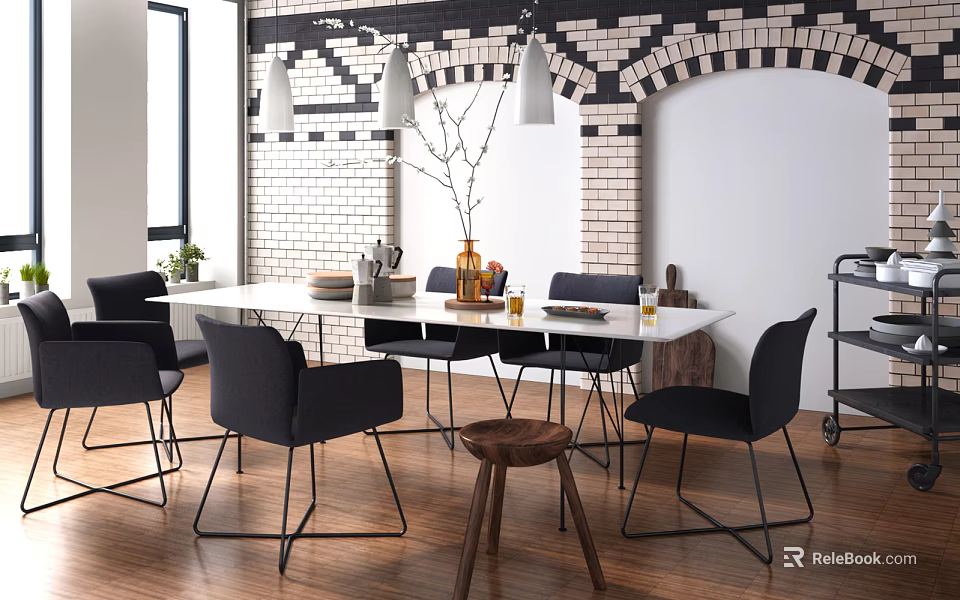 Modern Dining Table Set with Black Chairs Metal Legs Brick Wall Background and Pendant Lights 3d model 