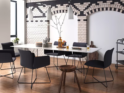 Modern Dining Table Set with Black Chairs Metal Legs Brick Wall Background and Pendant Lights 3d model