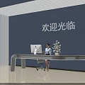 Modern Reception Desk With Curved Design Blue Wall Welcome Sign Computer Potted Plant And Receptionist