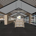 Supermarket Department Store Interior With Wooden Structure Open Ceiling Shelves And Central Display Table