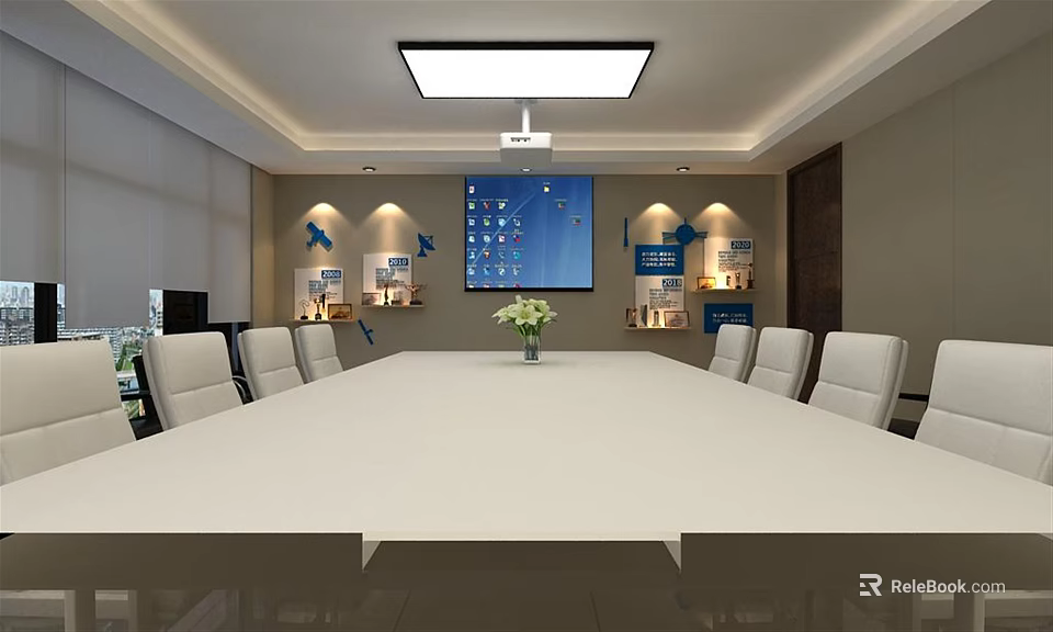 Modern Conference Room With Long Table White Chairs Large Screen And Decorative Panels 3d model 