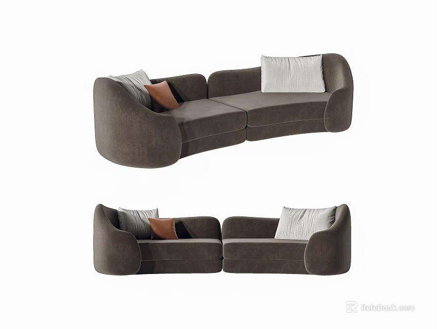 Modern Brown Sectional Sofa With Decorative Accent Pillows And Curved Design 3d model