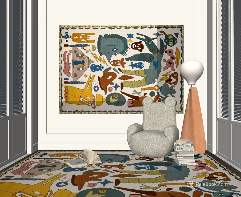 Square Area Rug with Vibrant Colorful Patterns Accent Chair Floor Lamp Bookshelf in Living Space 3d model 