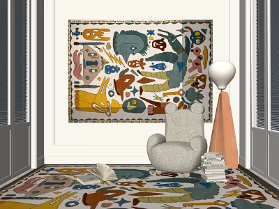 Square Area Rug with Vibrant Colorful Patterns Accent Chair Floor Lamp Bookshelf in Living Space 3d model