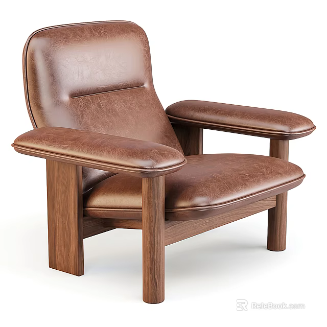 Modern Brown Leather Single Sofa With Wooden Arms And Sturdy Solid Legs 3d model 
