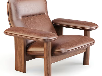 Modern Brown Leather Single Sofa With Wooden Arms And Sturdy Solid Legs 3d model