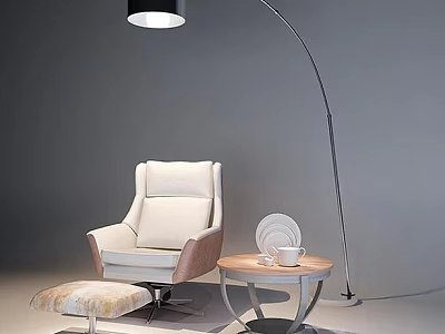 Modern Cream Light Pink Accent Chair With Arched Floor Lamp Small Round Table Ottoman And Tableware 3d model