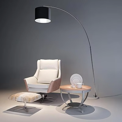 Modern Cream Light Pink Accent Chair With Arched Floor Lamp Small Round Table Ottoman And Tableware 3d model