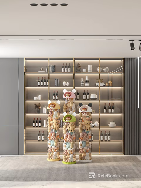 Adorable Plush Dolls Displayed on Modern Shelves with Decorative Bottles and Ornaments 3d model 