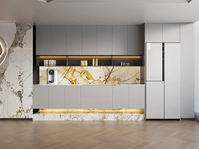 Modern Open Kitchen Sideboard Design With Marble Countertop Gray Cabinets And LED Lighting 3d model