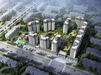 Modern High Rise Residential Buildings With Green Spaces Roads And Community Facilities 3d model