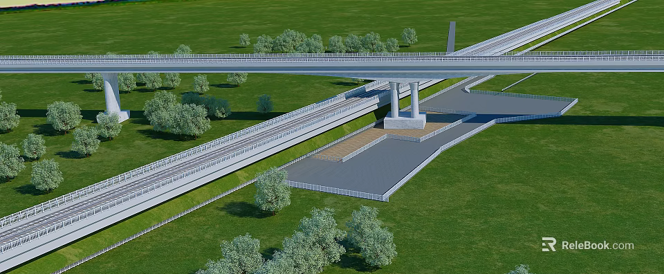 Modern Elevated Road Infrastructure With Multi Lane Design Green Landscaping And Trees 3d model 
