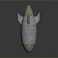 Silver Metallic Bomb Shaped Object Featuring Brown Tip Fins And Textured Surface