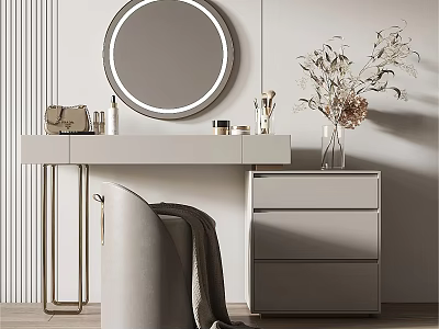 Modern Light Colored Dressing Table With Round Mirror Vase Flowers Cosmetics And Handbag 3d model