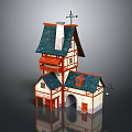Traditional Style 3D House Model With Green Roof Chimney Weather Vane And Archway Entrance