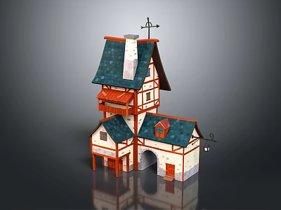 Traditional Style 3D House Model With Green Roof Chimney Weather Vane And Archway Entrance 3d model