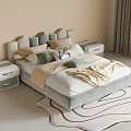 Modern Double Bed With Soft Headboard Pillows Blanket And Nightstands On Patterned Rug 3d model