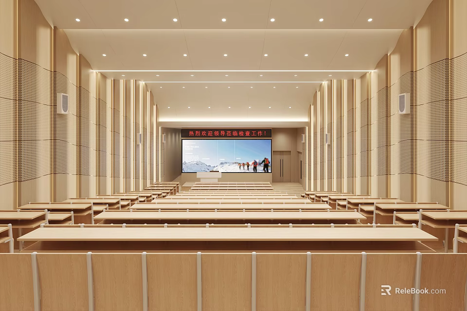 Spacious Modern Conference Room with Wooden Seats Large Screen and Bright Lighting 3d model 