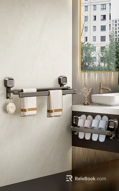 Modern Bathroom Wall Mounted Hooks with Towel Rack and Slipper Storage 3d model 