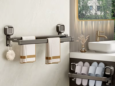 Modern Bathroom Wall Mounted Hooks with Towel Rack and Slipper Storage 3d model