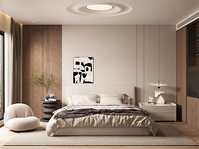 Modern Bedroom Interior With Wooden Walls Abstract Art And Beige Bedding 3d model