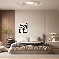 Modern Bedroom Interior With Wooden Walls Abstract Art And Beige Bedding