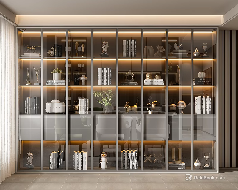 Modern Glass Door Bookshelf With Decorative Items Books And Ambient Lighting 3d model 