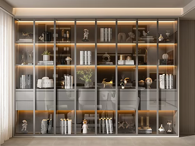 Modern Glass Door Bookshelf With Decorative Items Books And Ambient Lighting 3d model