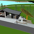 Modern Pavilion Design With Curved Roof Greenery Seating Area And Sunshade Structures