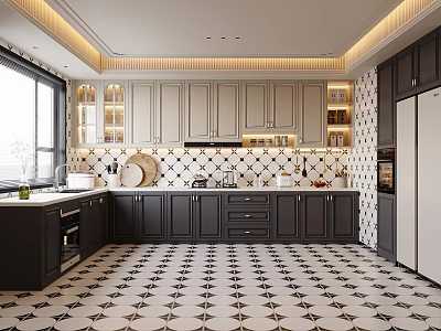 Modern Kitchen Interior With Gray Cabinets Black Countertops And Geometric Floor Tiles 3d model