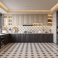 Modern Kitchen Interior With Gray Cabinets Black Countertops And Geometric Floor Tiles
