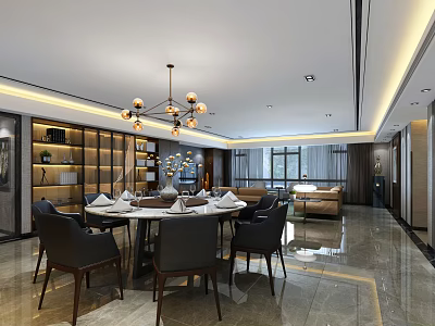 Elegant Modern Restaurant Interior With Round Dining Table Black Chairs And Chandelier 3d model