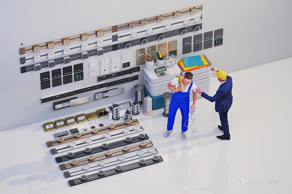 Switch Panels Display With Various Styles Samples Arranged As Two People Discuss 3d model 