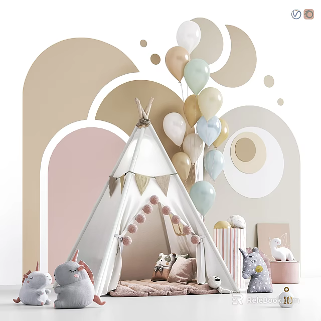 White Kids Teepee Tent With Pastel Balloons Bunting Flags And Stuffed Toys 3d model 