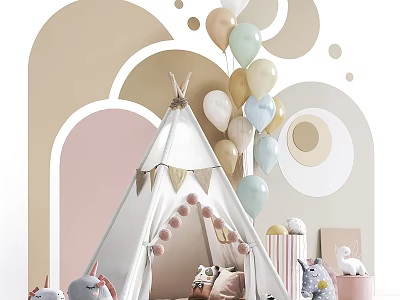 White Kids Teepee Tent With Pastel Balloons Bunting Flags And Stuffed Toys 3d model
