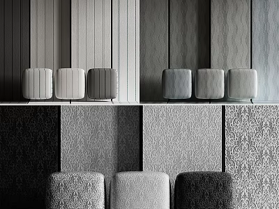 Interior Design Featuring Various Textured Wall Panels And Patterned Seating Furniture 3d model