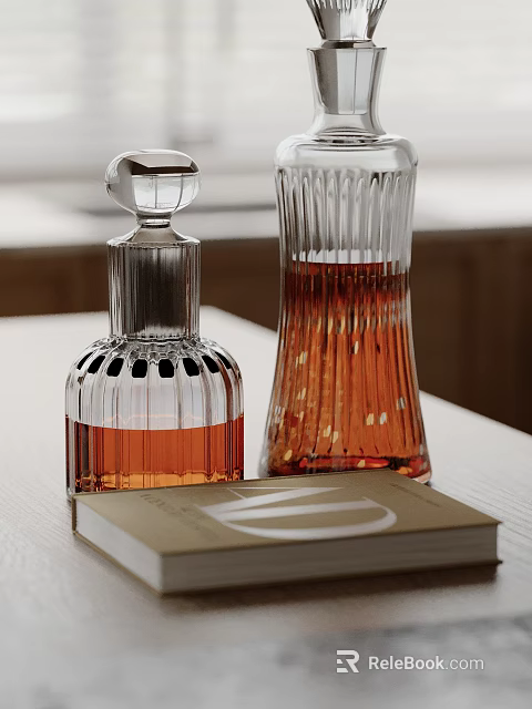 Elegant Crystal Decanters With Amber Liquid On Table 3d model