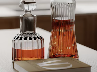 Elegant Crystal Decanters With Amber Liquid On Table 3d model